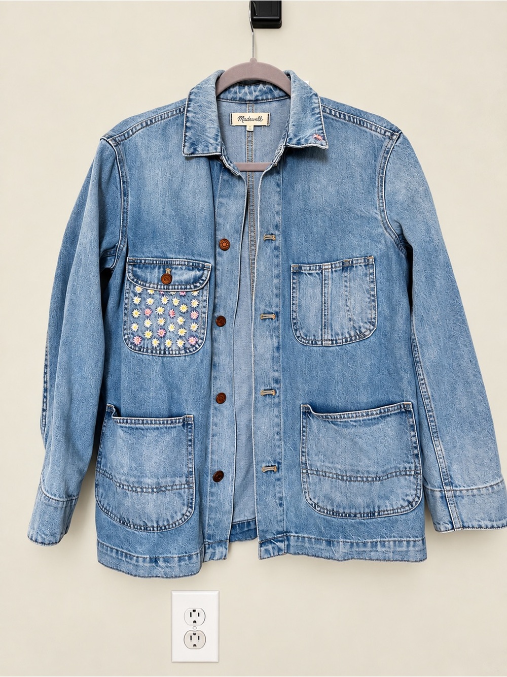 Madewell Denim Chore Jacket Floral Embroidered Pocket Utility Barn Jacket